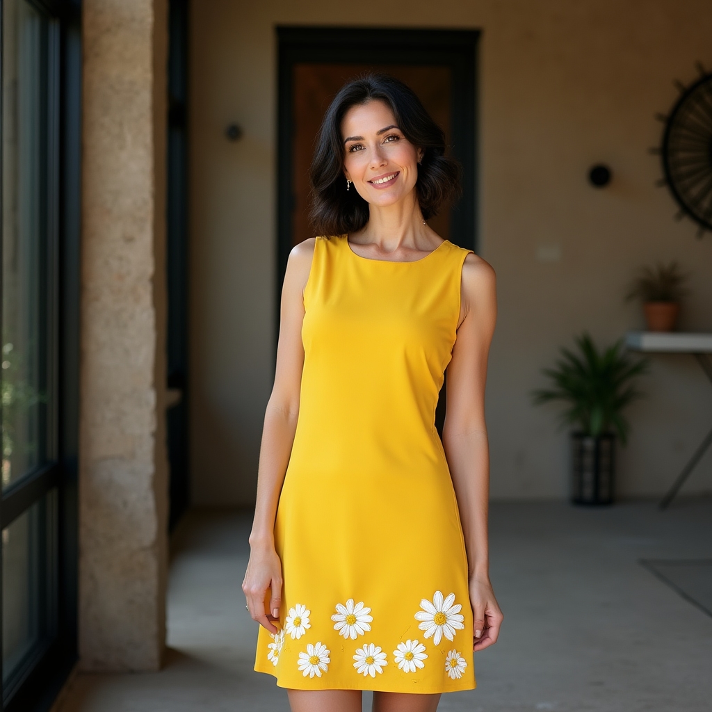 Daisy chain embroidered shift dress in 1960s mod style with short hem and sleeveless cut