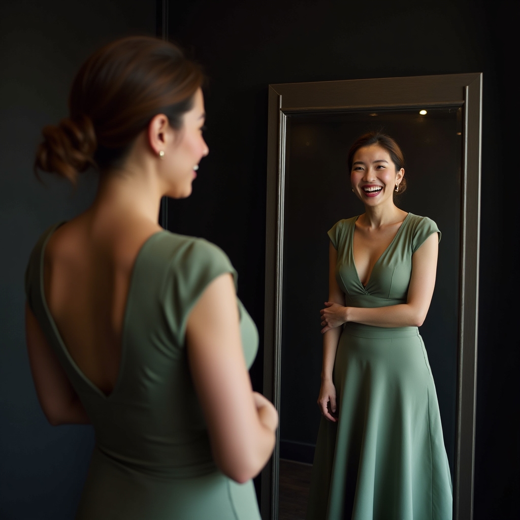 Woman in modern studio trying on vintage-inspired fit-and-flare dress showing comfortable movement