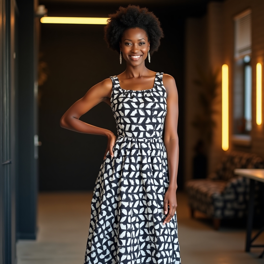 Fit-and-flare dress in bold 1960s geometric print with defined waist and full skirt