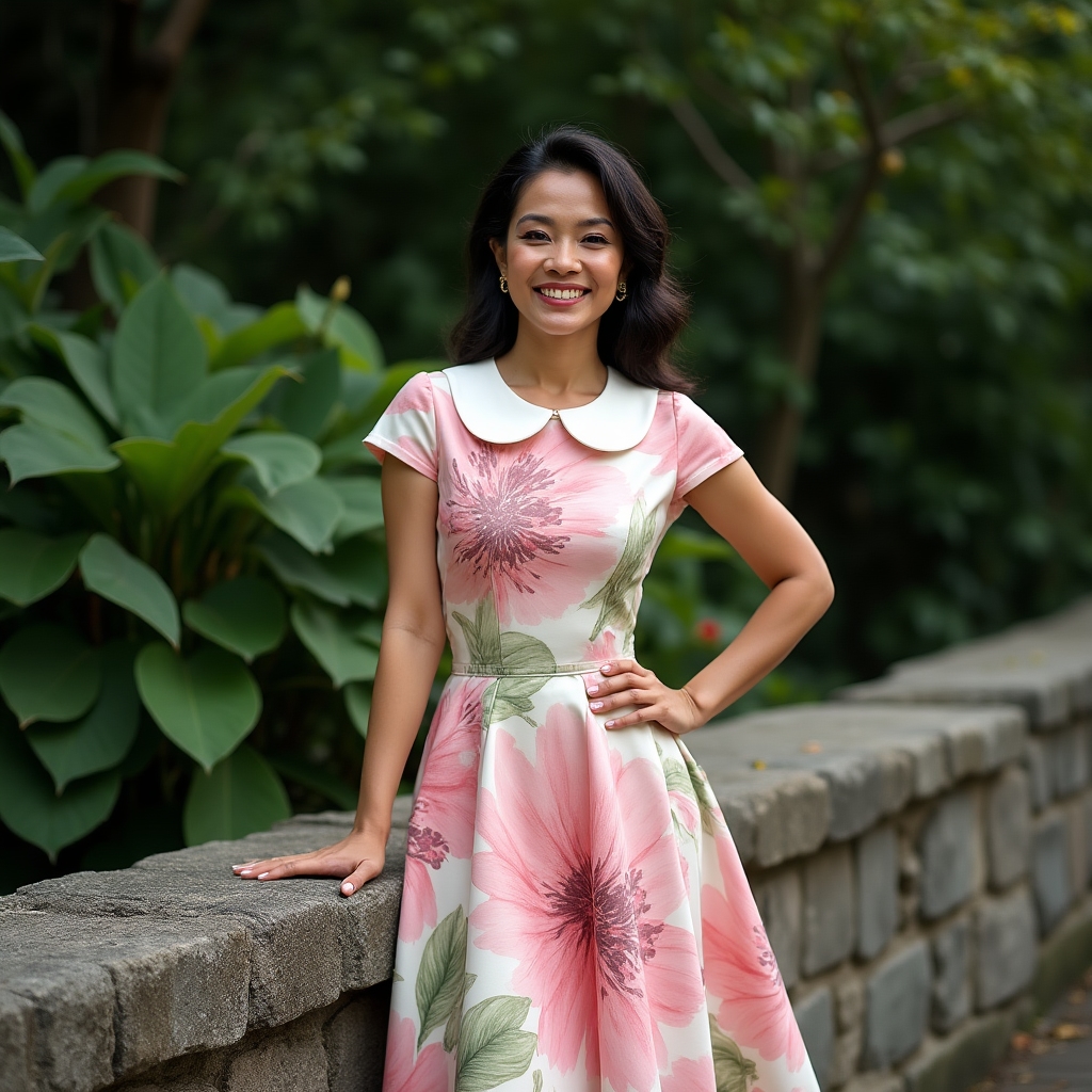 Garden party fit-and-flare dress with floral print and Peter Pan collar in 1950s style