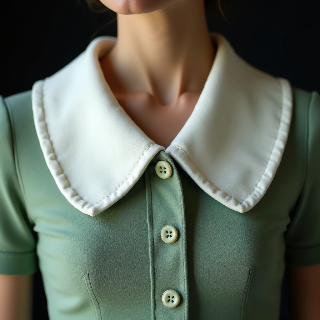 Close-up of Peter Pan collar detail on a vintage-inspired dress with delicate stitching