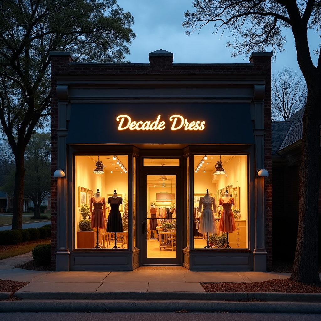 Exterior view of the Decade Dress boutique location in Stockbridge Georgia with warm lighting