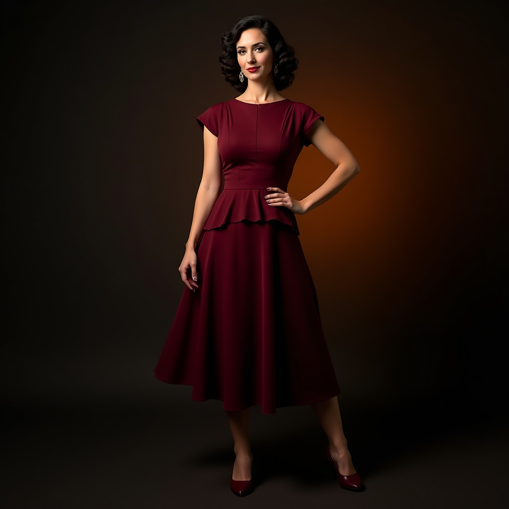 1940s victory roll era swing dress in burgundy with peplum waist and A-line midi skirt