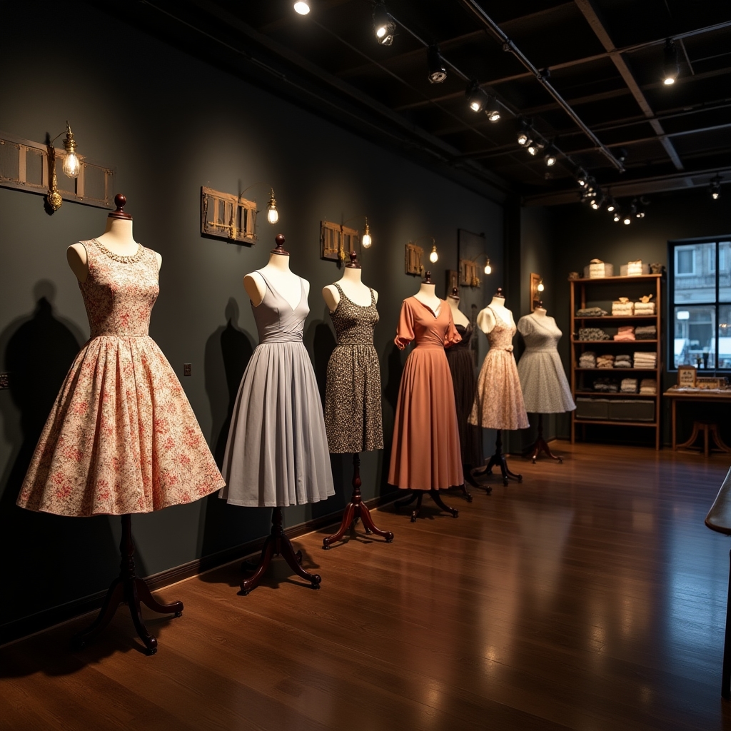 Curated display of vintage-inspired dresses from multiple decades arranged in a boutique setting
