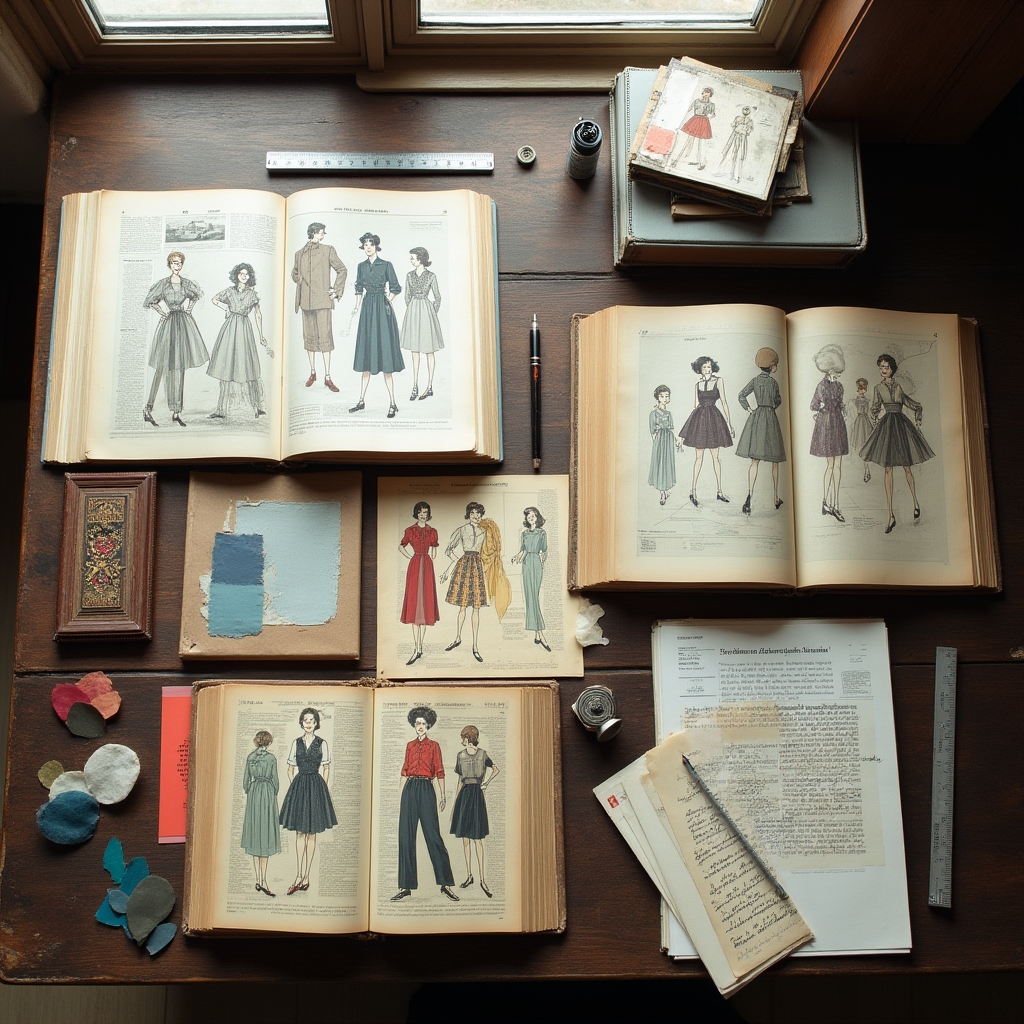 Flat lay of vintage fashion pattern books and archival dress references spread across a design studio table