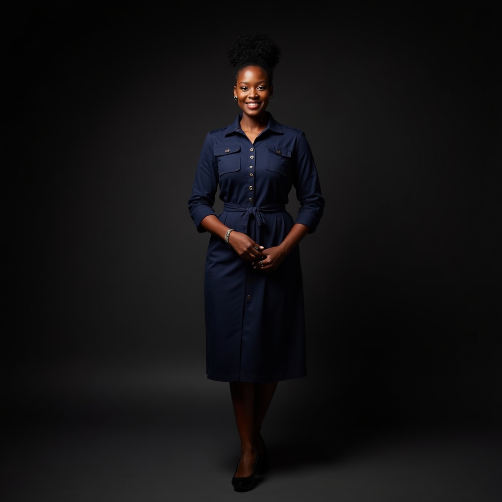 1940s wartime-inspired utility sheath dress in navy with structured shoulders and A-line skirt